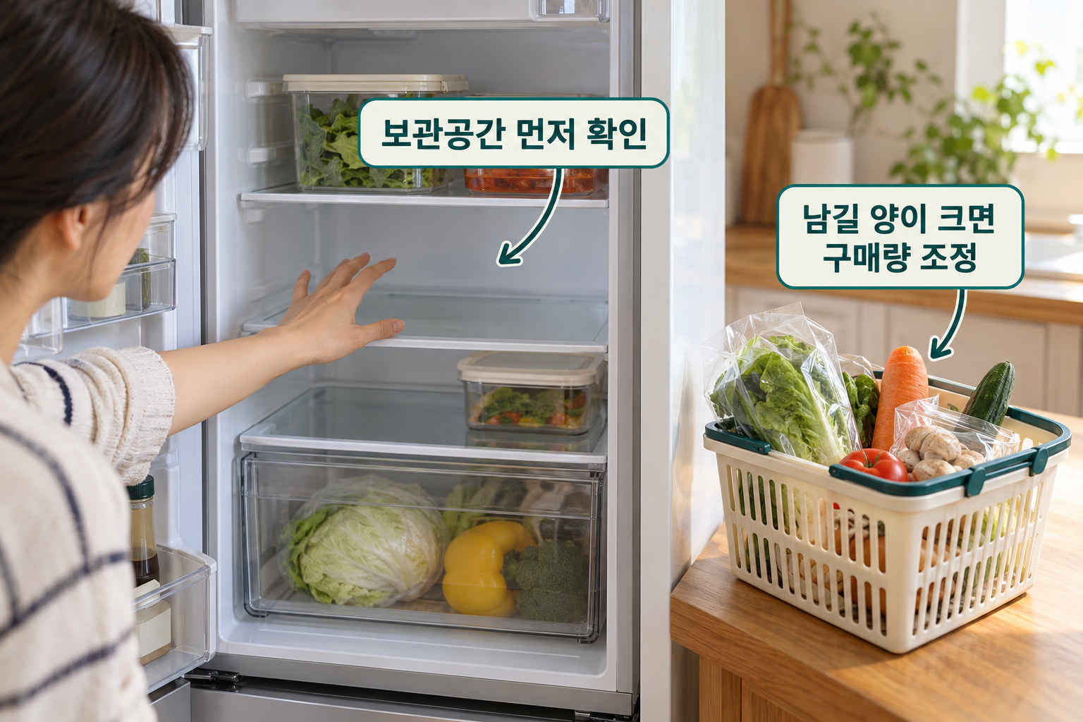 작은 냉장고의 빈 공간과 필요한 양의 장바구니를 비교하는 장면
