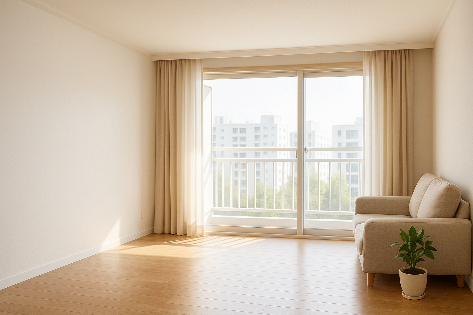 햇살이 들어오는 밝은 아파트 거실 인테리어