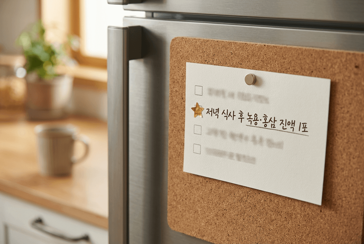 냉장고 옆 메모보드에 ‘저녁 식사 후 녹용·홍삼 진액 1포’라고 적힌 루틴 체크리스트와 함께 스티커로 표시해 둔 모습