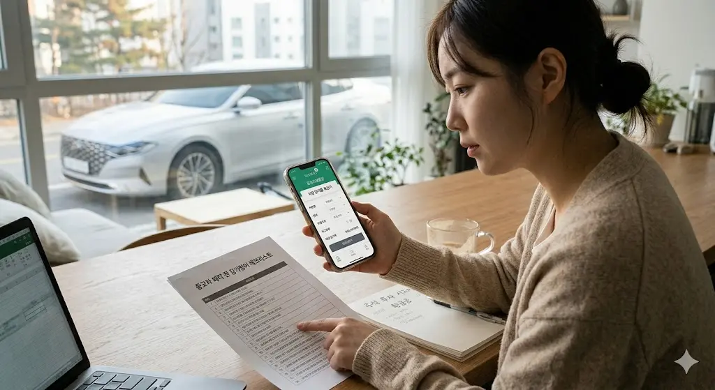 중고차 매각 전 감가율 계산법을 확인하고 딜러와의 견적 차이를 줄이기 위해 감가방어 체크리스트를 점검하는 모습