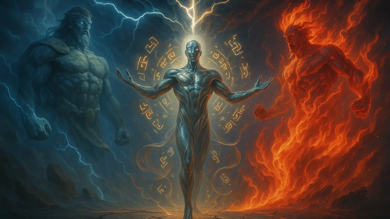 고대 신화 속 전신이 전욱과 공공의 대립을 중재하는 장면을 현대적으로 재해석한 상징적 이미지