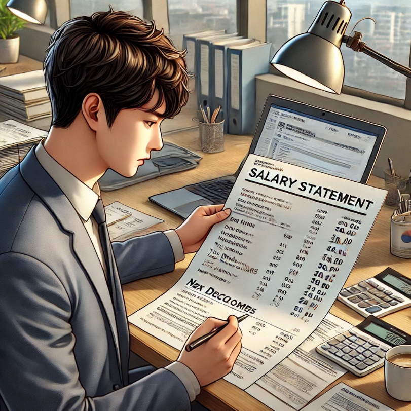 책상에 앉아 서류를 검토하고 있는 남자의 모습