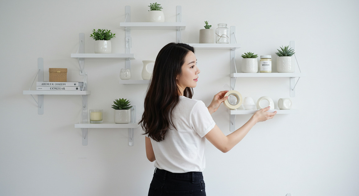 못 박지 않고 선반 달고 있는 여성 이미지