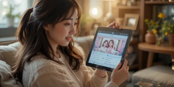 편안한 아침 시간, 태블릿으로 미스트롯4 방송일정을 확인하는 팬의 장면
