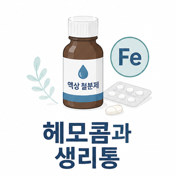 액상 철분제와 철 성분을 표현한 헤모콤과 생리통 관계 안내 이미지
