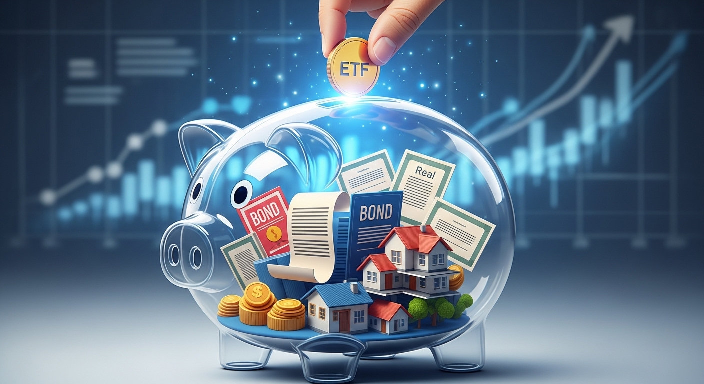 주식, 채권 등 다양한 금융 자산이 담긴 투명한 돼지 저금통에 ETF 코인을 넣는 손, 장기적인 자산 성장을 상징하는 푸른빛
