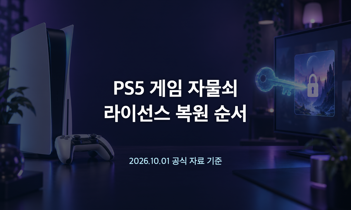 PS5 게임 타일의 자물쇠와 라이선스 복원을 상징하는 콘솔&middot;컨트롤러 삽화