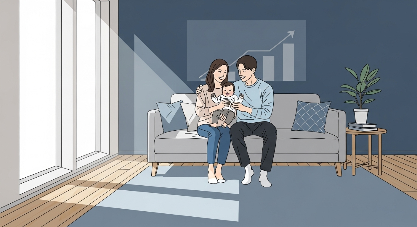 행복한 한국인 신혼부부가 아기와 함께 밝은 거실에 앉아 부양가족 가점 증가를 상징하는 모습.