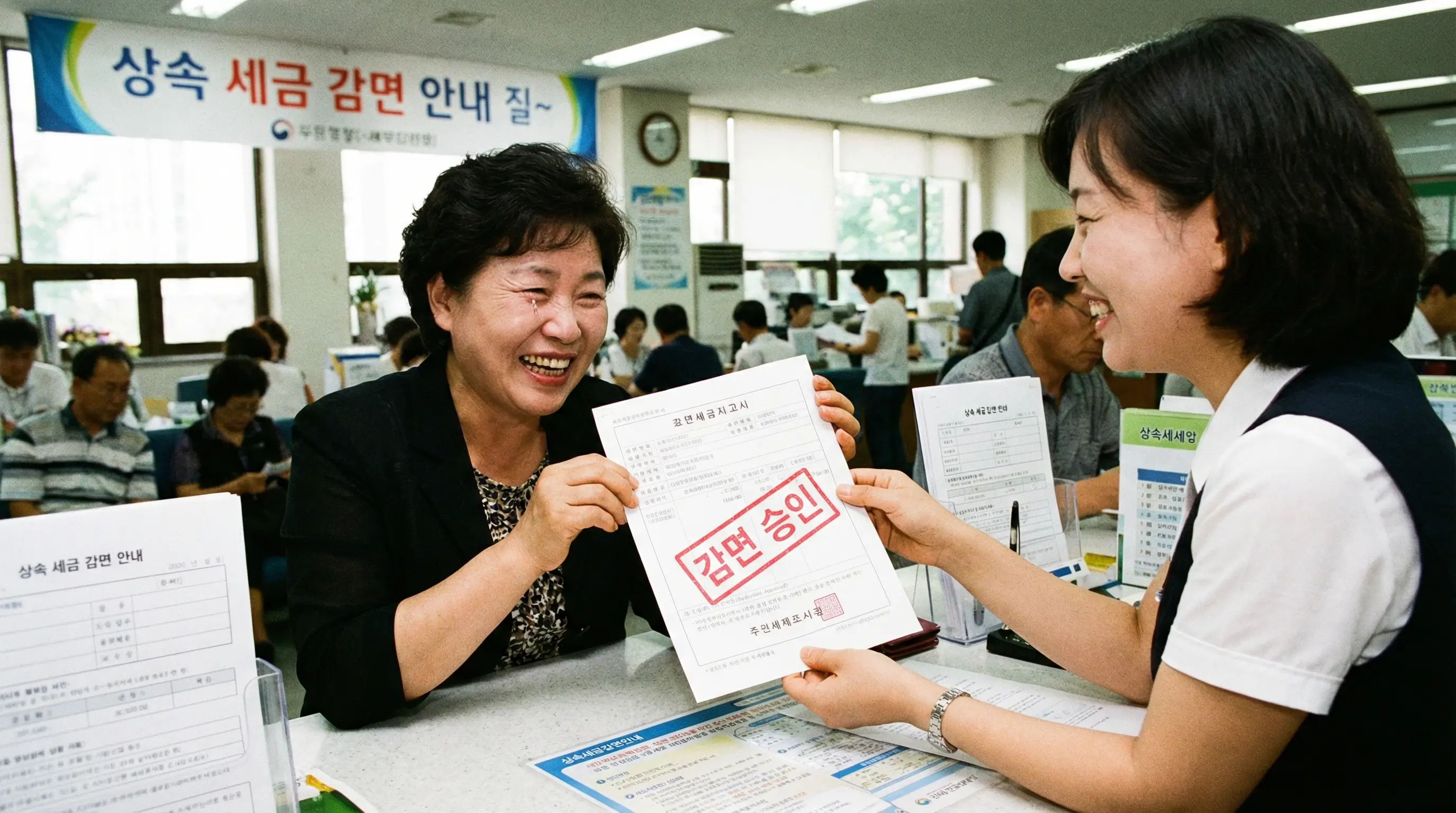 상속인이 구청 창구에서 공무원으로부터 '감면 승인(Reduction Approved)' 도장이 찍힌 고지서를 받으며 환하게 웃는 모습입니다.