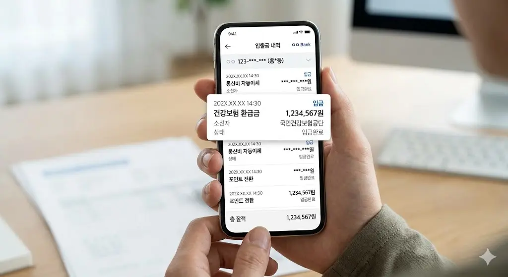 건강보험 환급금 신청 후 영업일 기준 7일 이내에 본인 명의의 은행 계좌로 숨은 돈이 100% 입금된 내역 사진