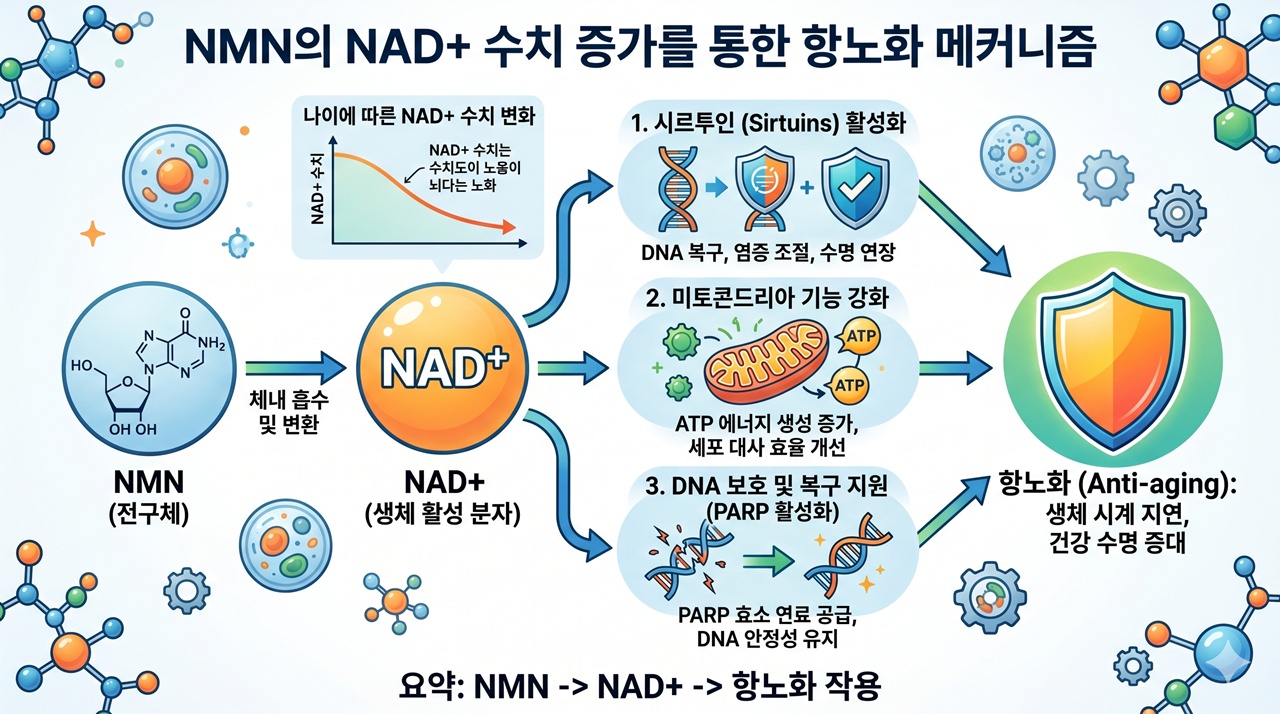 Mechanism of NMN increasing NAD+ levels for anti-aging / NMN의 NAD+ 수치 증가를 통한 항노화 메커니즘 설명