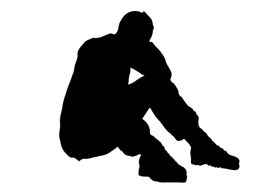 흰색 바탕에 우울증이 있는 사람을 바닥에 앉아서 머리를 양손으로 감싸 쥐고 있는 것을 검게 표현을 해서 깊은 슬픔에 빠져 있다는 것을 표현한 이미지 사진