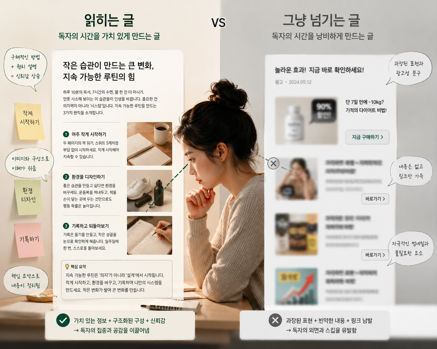 정보성 블로그 글을 집중해서 읽고 있는 독자의 옆모습 노트북 화면 클로즈업