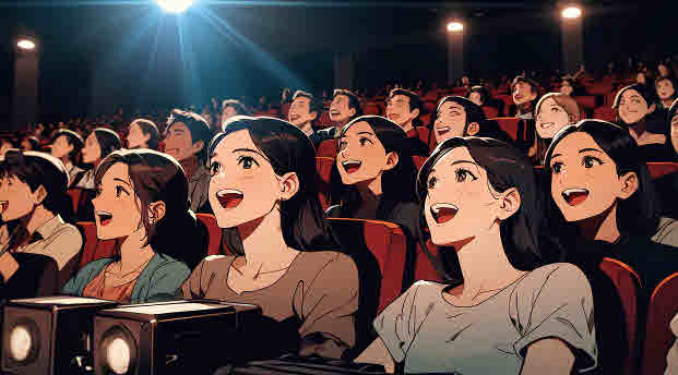 극장에서 즐겁게 관람하는 관객들, 한국만화 이미지