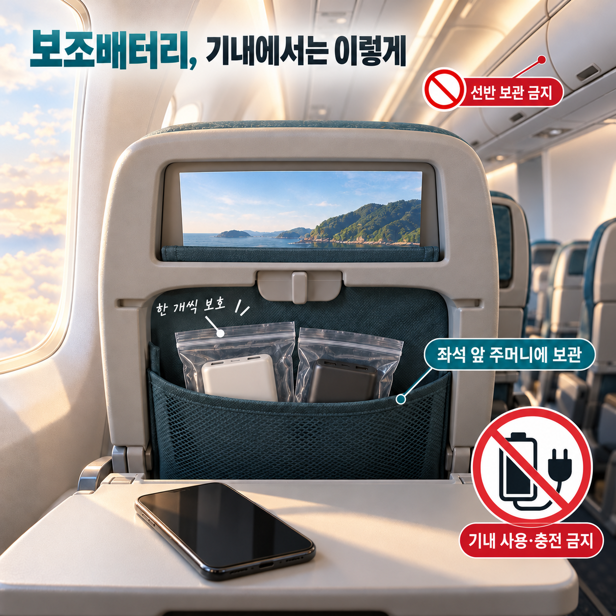 좌석 앞 주머니에 보관한 보조배터리와 기내 충전 금지 안내