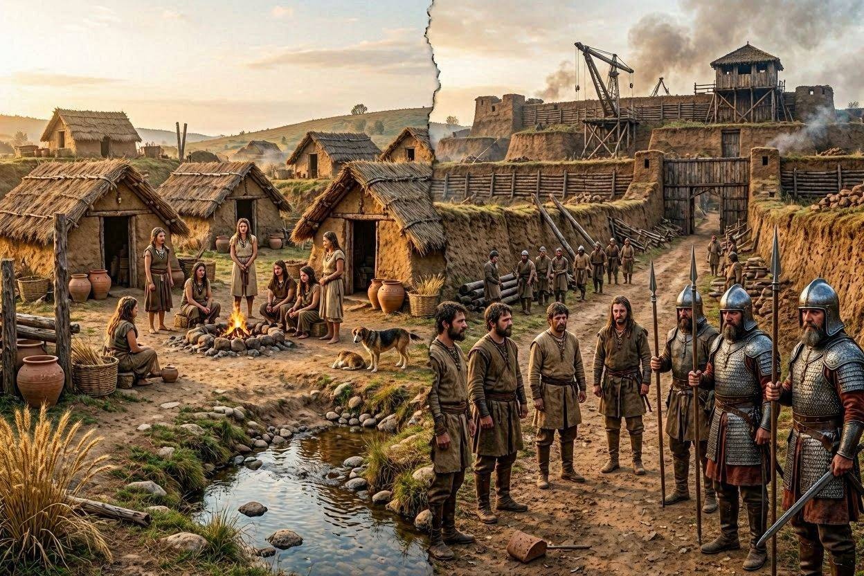 A dramatic illustration showing the evolution of ancient states, transitioning from a small Neolithic village to a massive Iron Age earthen fortress built by a hierarchical society.