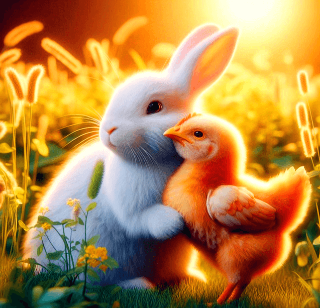 풀숲 속에서 하얀 토끼와 어린 닭이 서로 따뜻하게 포옹하면서 먼 곳을 바라본다.