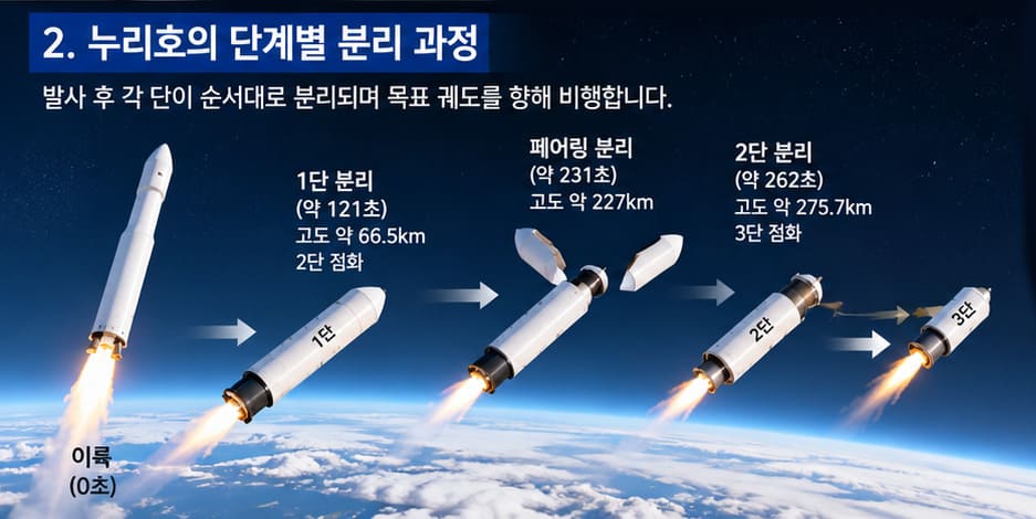 <img src=”nuri-rocket-stage-separation.jpg
” alt=”발사체의 1단과 2단이 분리되고 페어링이 떨어져 나가는 과정을 보여 주는 설명용 그림”>