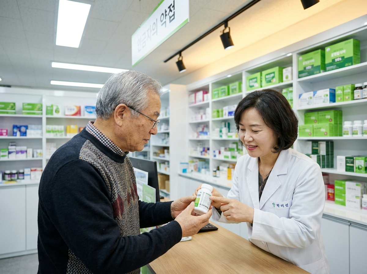 약국에서 약사에게 영양제 성분표를 보여주며 상담하는 한국인 노년 남성