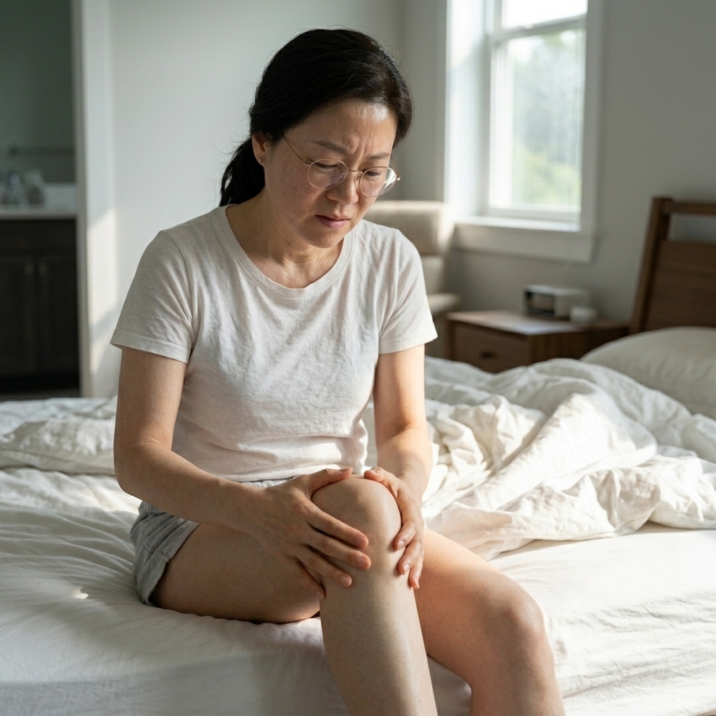 햇살이 들어오는 아침 침실에서 50대 중년 아시아 여성이 침대에 앉아 통증이 느껴지는 무릎을 손으로 감싸 쥐고 고민하는 실사 사진.