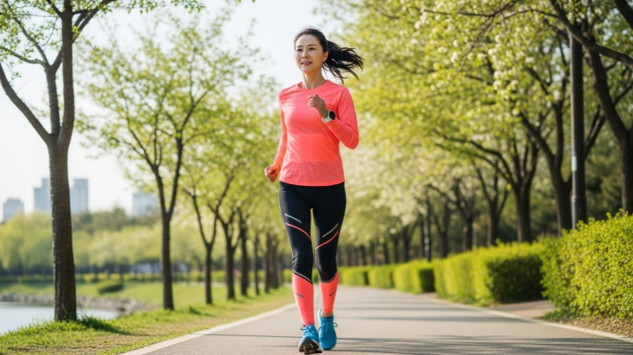 50대 한국여성 런닝복 차림 여성 걷기