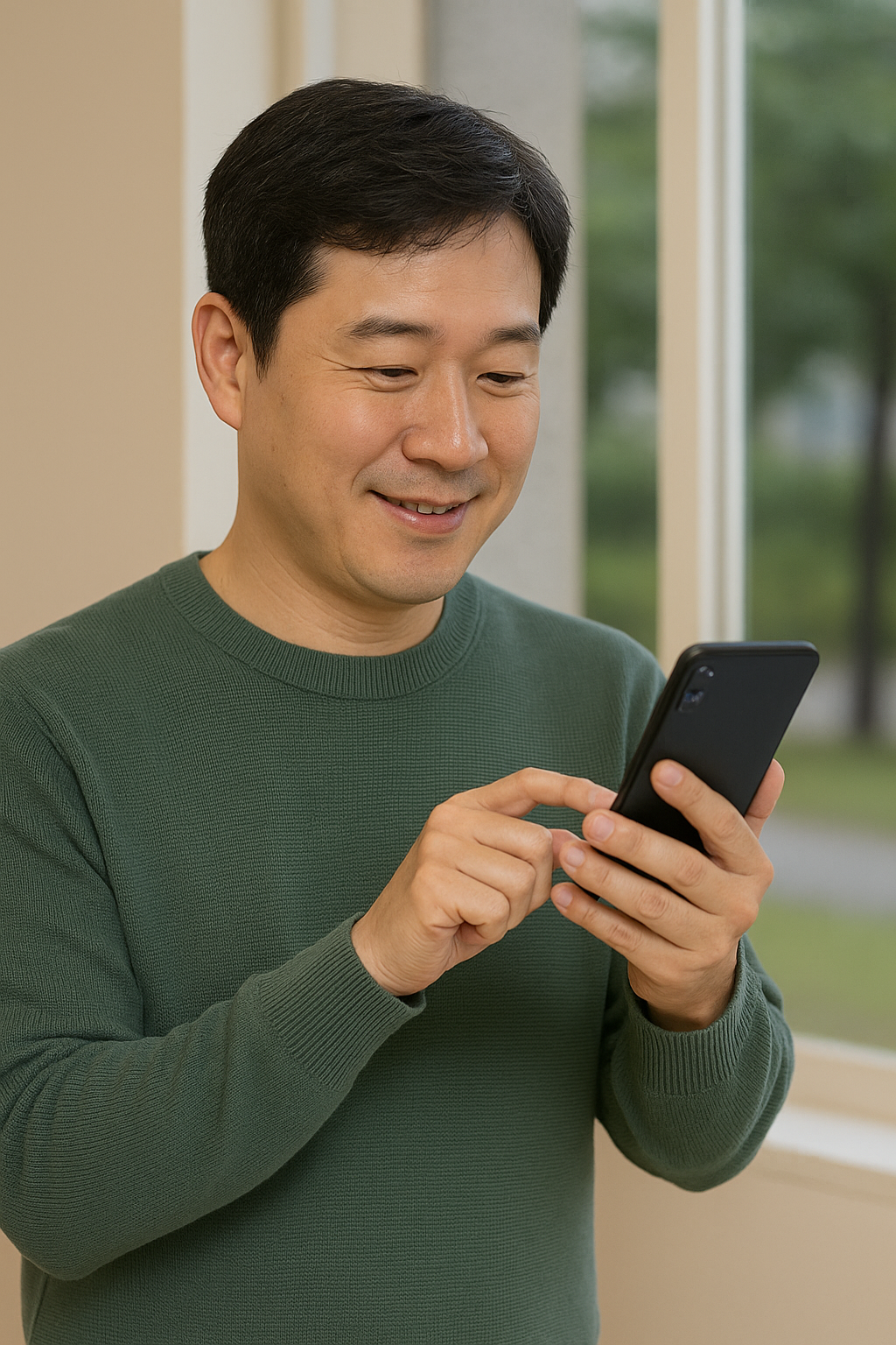 스마트폰으로 건강보험공단 홈페이지에서 건강검진 대상자를 조회 중인 40대 남성의 모습