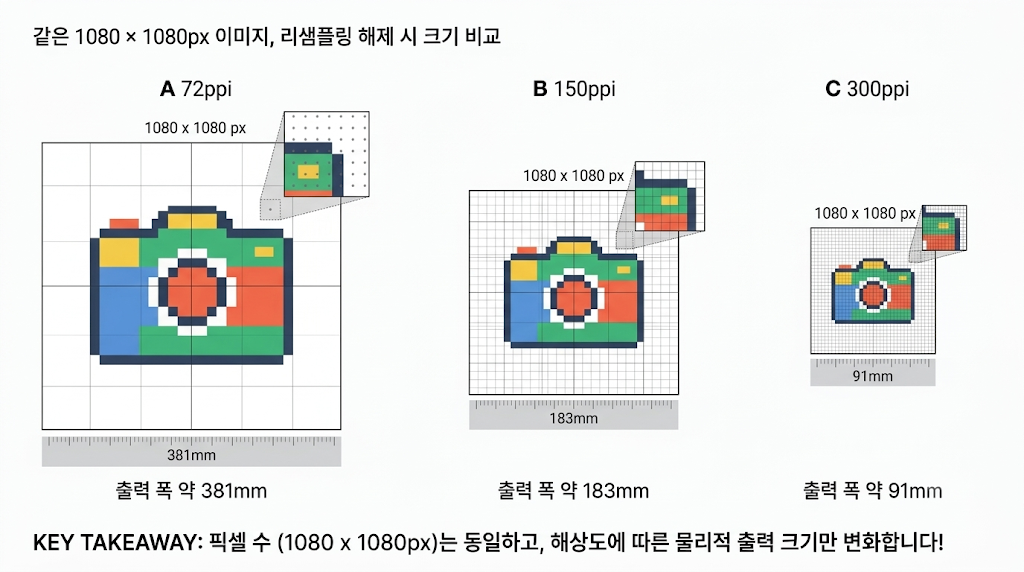 같은 1080 &times; 1080px 이미지에서 리샘플링을 해제하고 해상도만 바꿨을 때 크기 비교