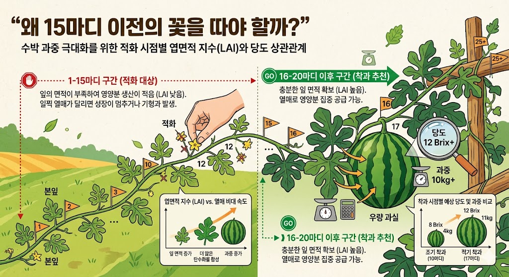 수박 ㅗ가중 극대화를 위한 적화 시점별 엽면적 지수 상관관계