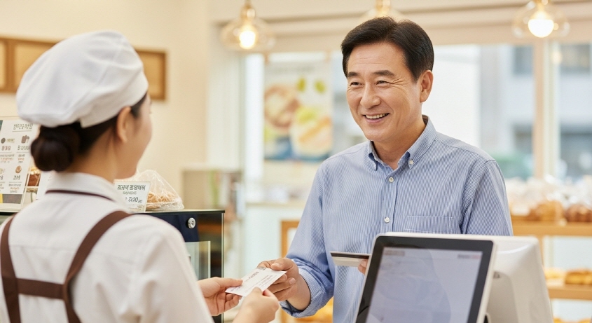 동네 빵집에서 계산하는 중년 남성