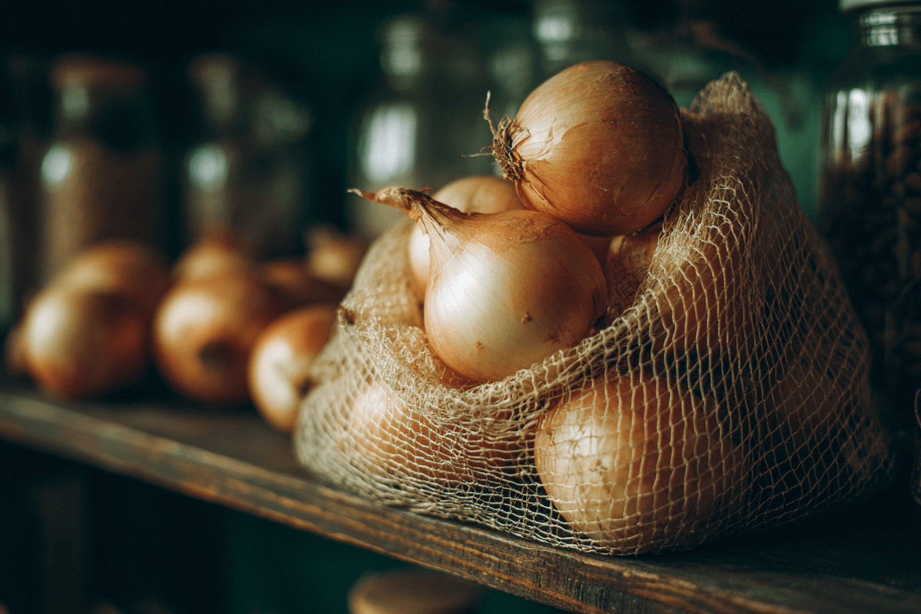 망에-담겨-진열되어있는-양파들