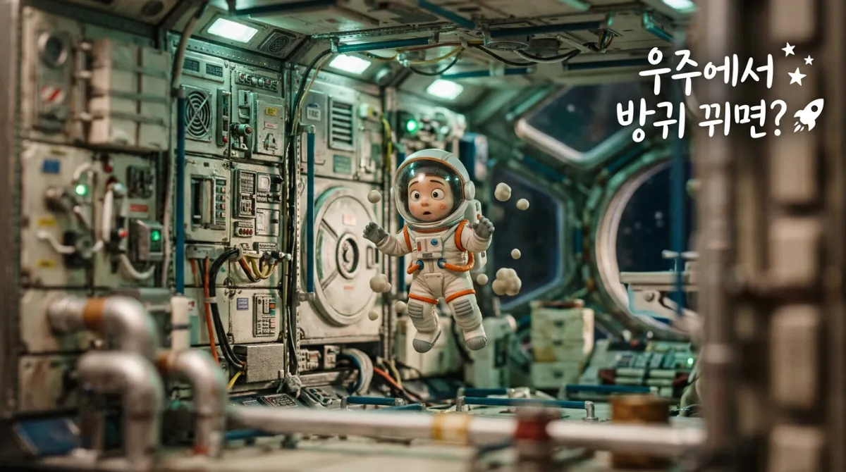 무중력 우주정거장 내부에서 둥둥 떠 있는 귀여운 미니미 우주비행사와 가스 입자 디오라마 일러스트