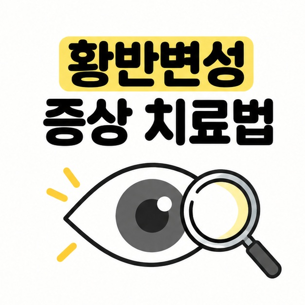 황반변성 증상 치료법 제목과 눈 및 돋보기를 표현한 표지 일러스트