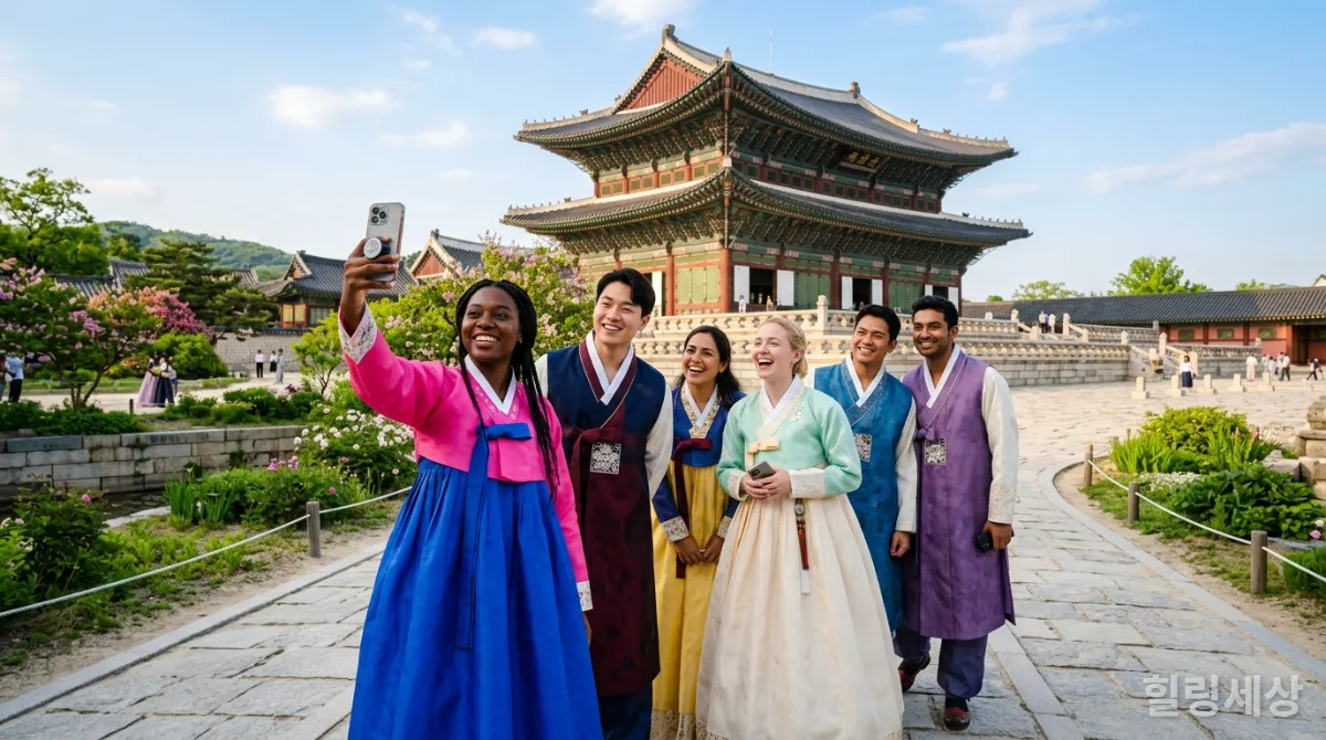 MZ세대 외국인들이 한복을 입고 한국 궁궐을 거닐며 사진을 찍는 모습