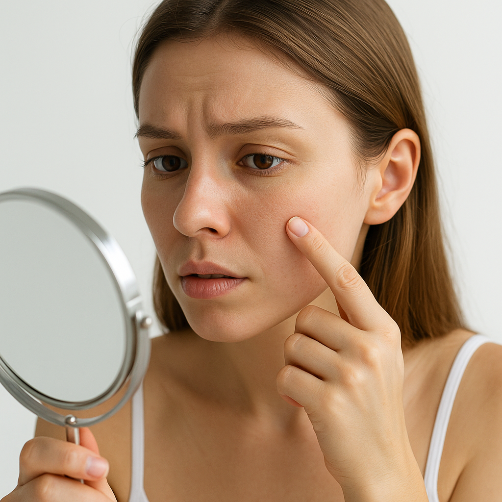 모공이 고민인 여성이 피부를 살펴보는 모습