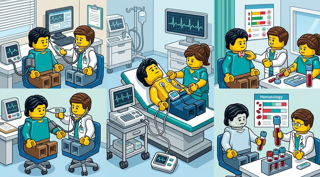 빠른 맥박 증상으로 병원에 방문했을 때 받는 일반 외래 진료, 심전도 검사, 추가 진료 과정을 나타낸 레고 일러스트