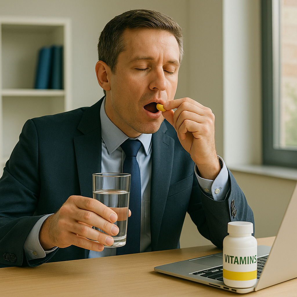 피로회복을 위해 비타민을 챙겨 먹는 피곤한 직장인