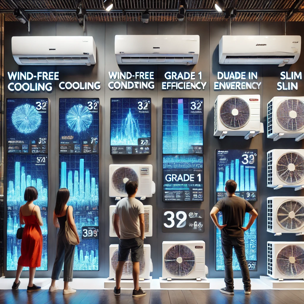 다양한 에어컨 모델을 비교 중인 소비자와 에너지 절약 강조된 매장 디스플레이
