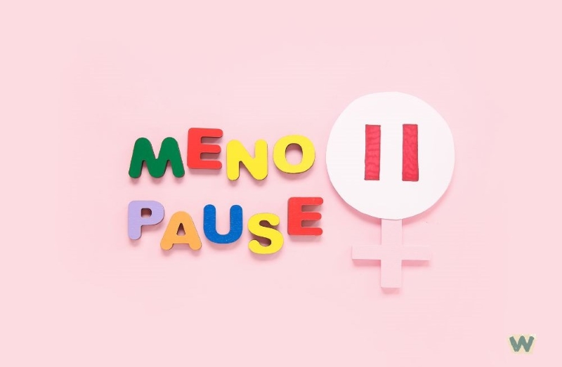 갱년기를 의미하는 MENOPAUSE 글자와 일시정지 버튼이 핑크색 배경에 표현된 이미지 via canva