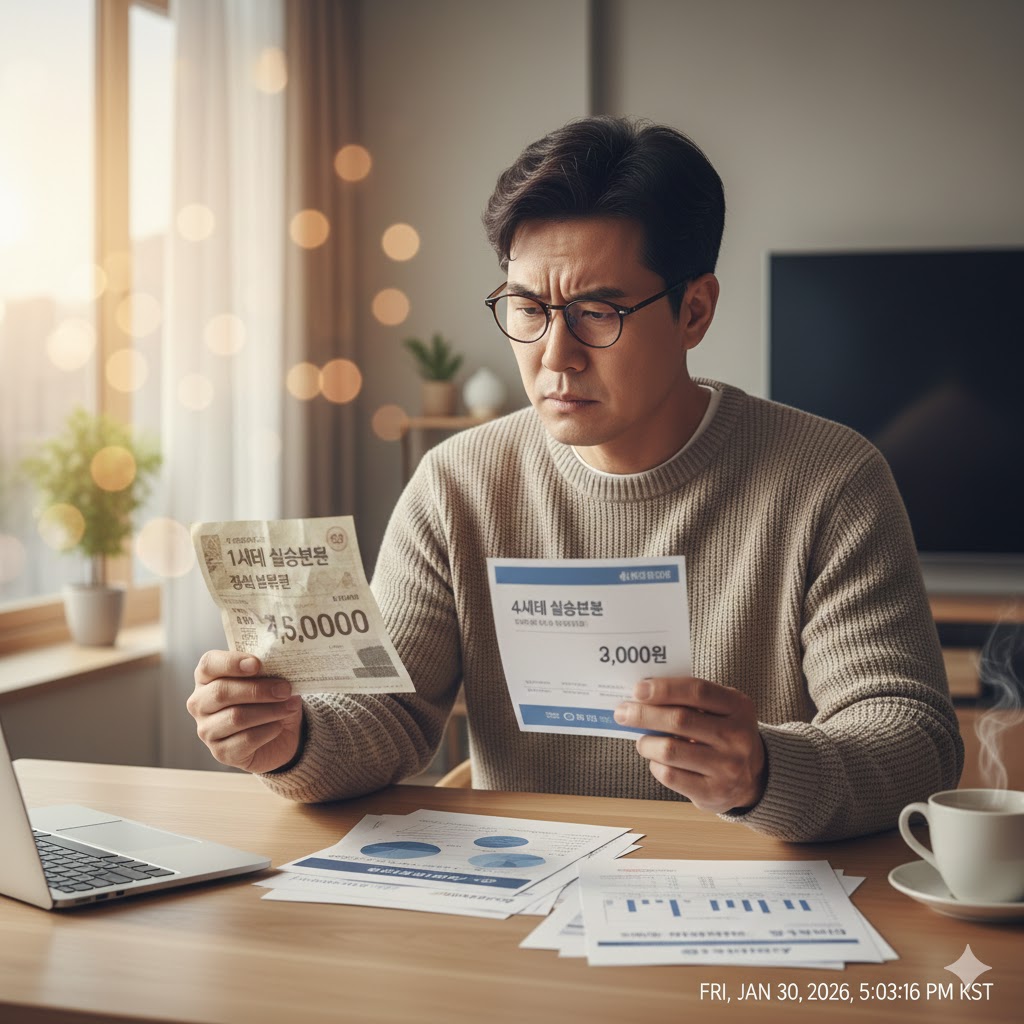 실손보험 고지서를 비교하고 있는 남성