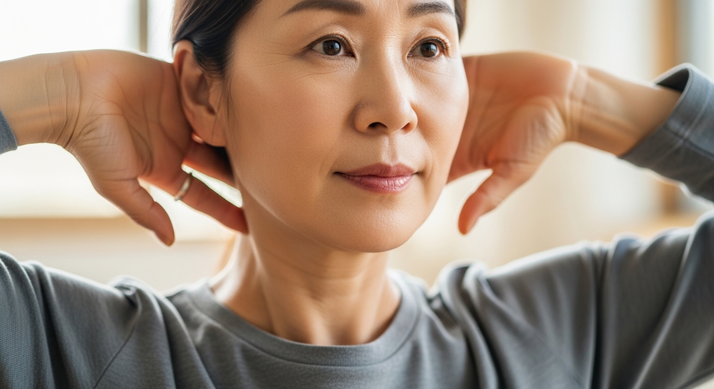 50대 여성이 밤 운동 전 목과 어깨를 부드럽게 스트레칭하며 몸을 푸는 모습