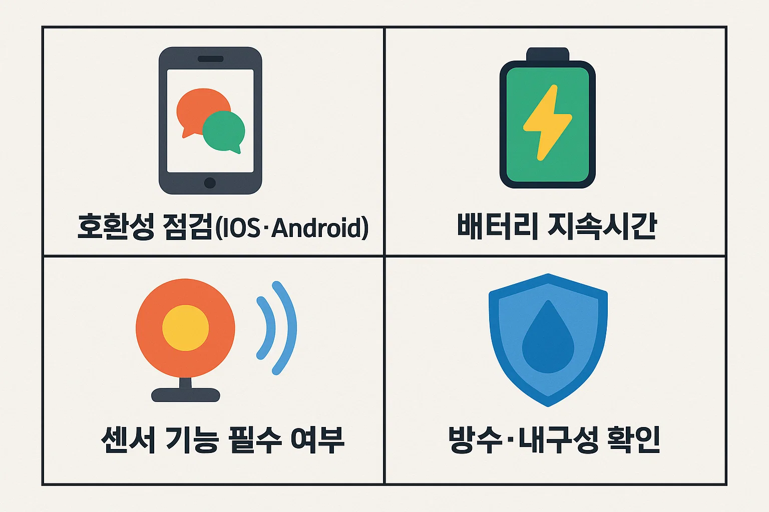 IOS·Android 호환성 확인, 배터리 지속시간, 센서 기능 필요 여부, 방수·내구성 등 스마트워치 구매 전에 반드시 점검해야 할 핵심 기준을 정리한 체크리스트 이미지
