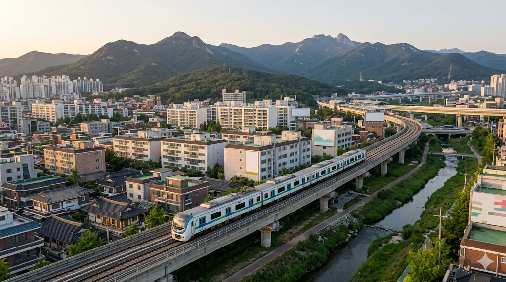 수도권 외곽 주거지역을 가로지르는 현대식 전철