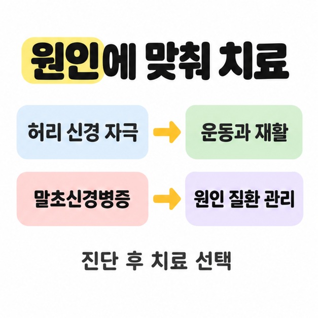 허리 신경 자극은 운동과 재활, 말초신경병증은 원인 질환 관리로 연결하고 진단 후 치료 선택을 안내한 도식