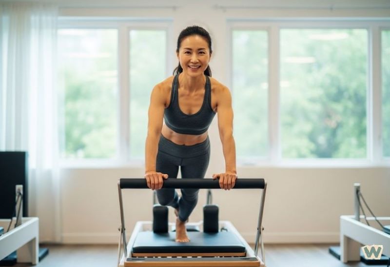중년 여성이 필라테스 운동기구를 이용해 근력운동을 하며 슬로우에이징을 실천하는 모습 via Gemini