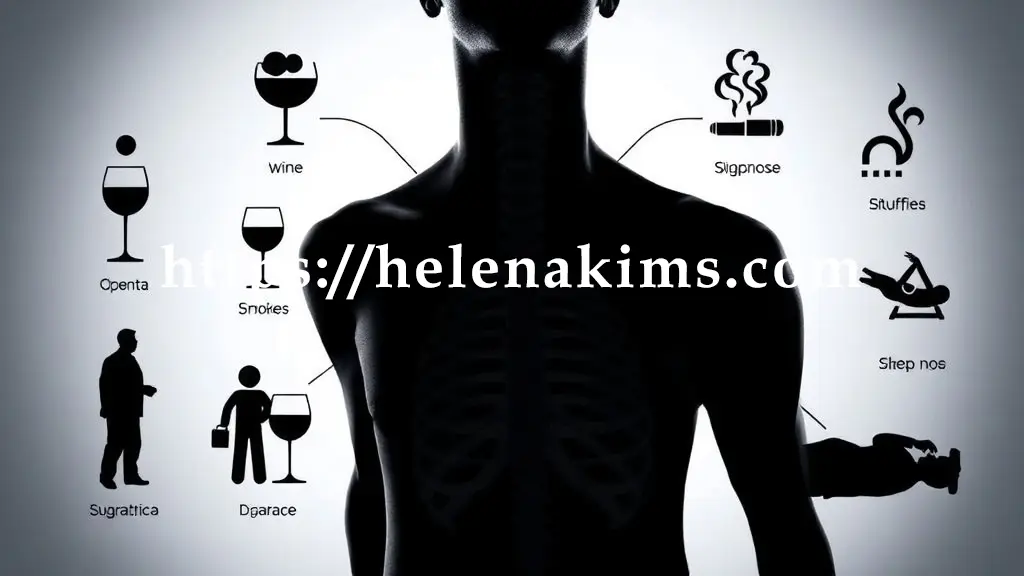 중앙에 인간의 목 부분 실루엣과 좁아지거나 압박받는 듯한 기도 형태의 모습, 주변에는 비만, 술잔, 담배 연기, 코막힘 아이콘, 바로 누운 사람 형태 등 수면 무호흡증의 주요 원인들을 상징하는 요소들을 나열 되어 있는 그래픽 이미지.