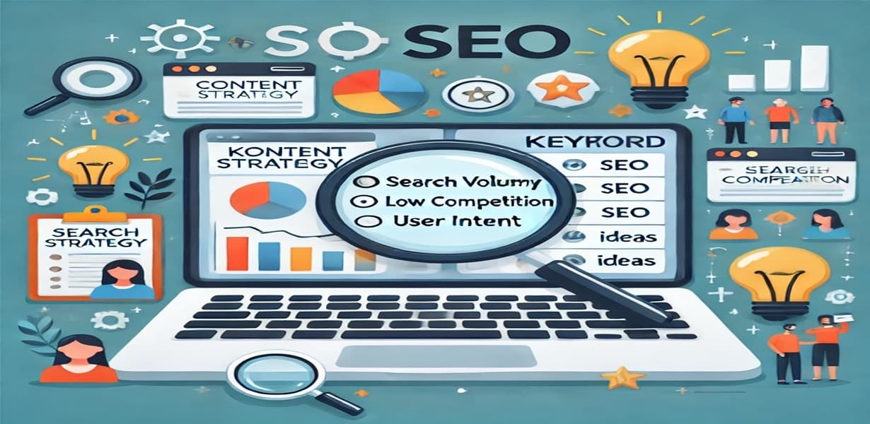 SEO 콘텐츠 전략 키워드 리서치 일러스트 – 검색량, 경쟁도, 검색 의도 분석과 전략적 콘텐츠 기획 흐름도