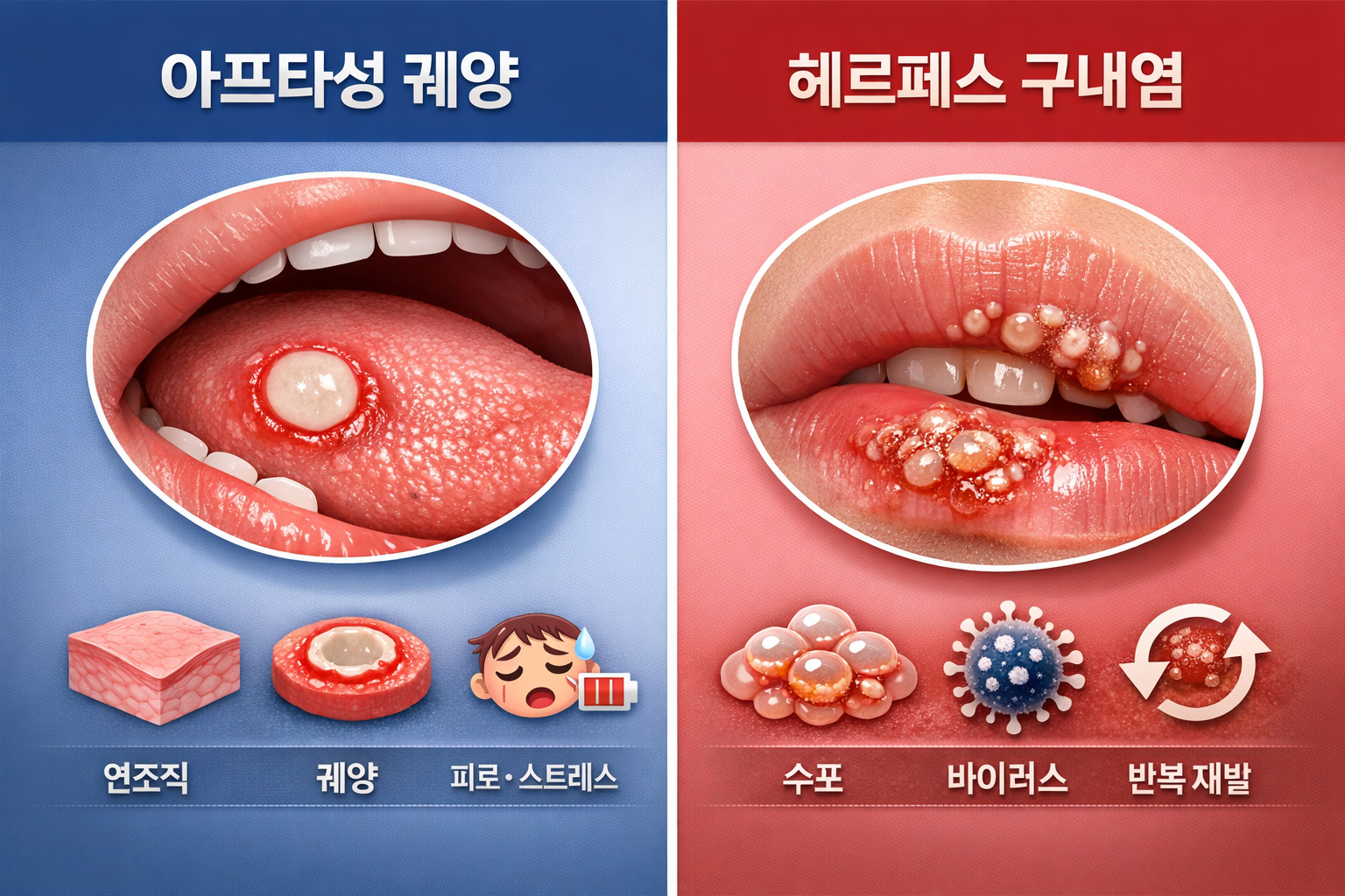 구내염(아프타성 궤양, 헤르페스 구내염, 면역력, 구강암)