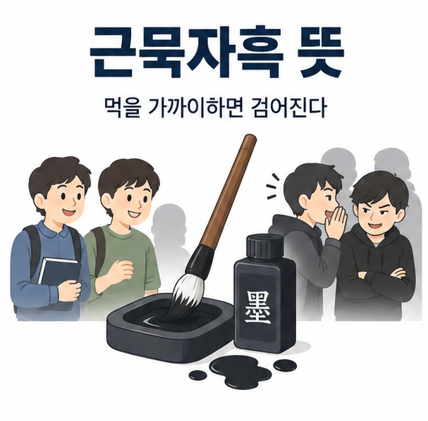 먹과 붓 주변 사람들의 모습을 배경으로 근묵자흑 뜻이라는 글자가 중앙에 놓인 한자성어 학습 인포그래픽