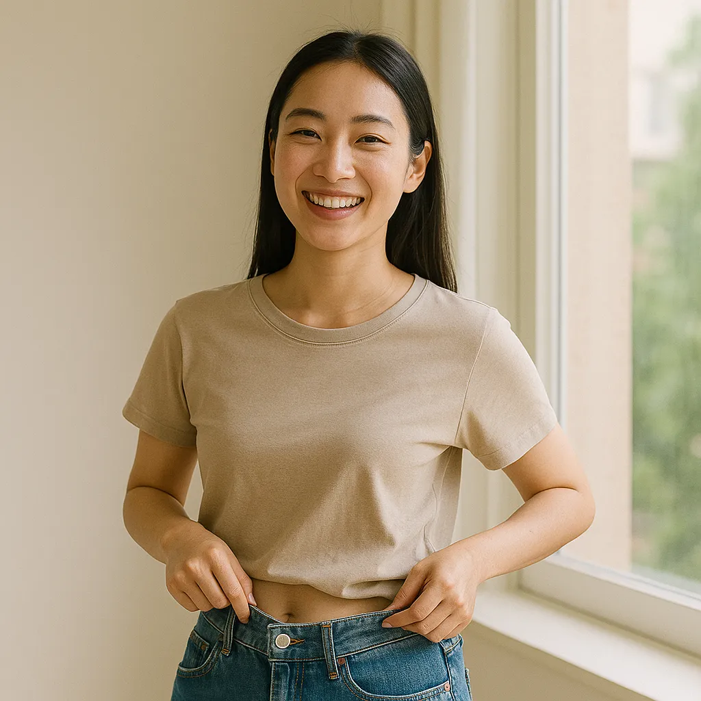 헐렁해진 청바지를 입고 미소 짓는 여성