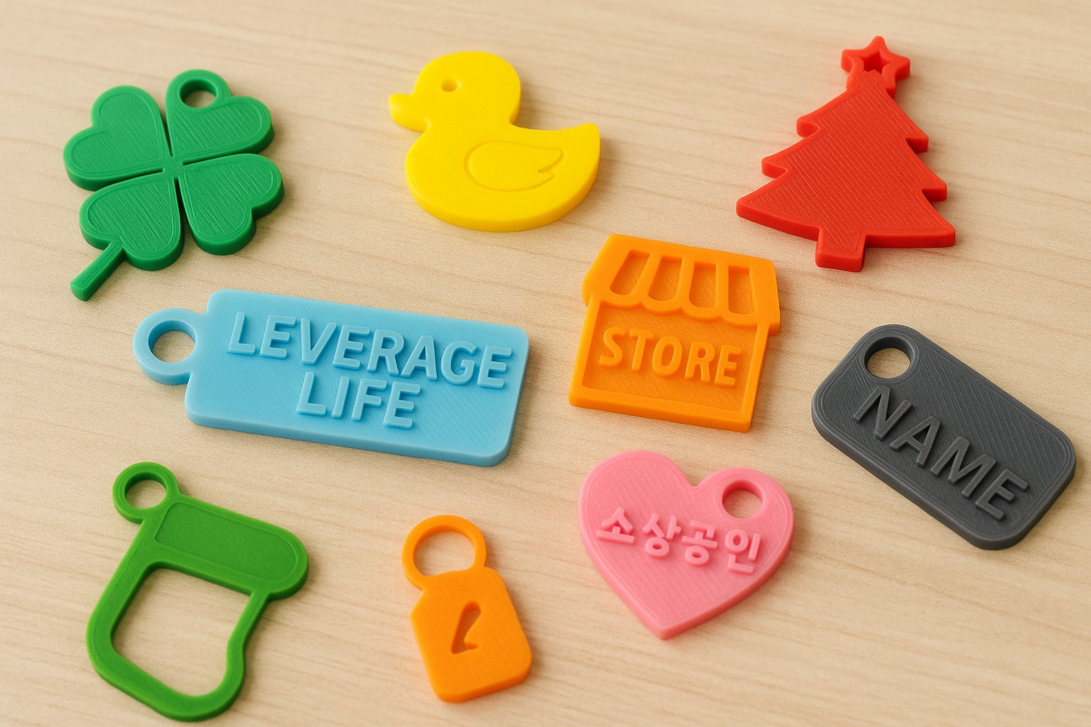 다양한 색상의 3D 프린터 키링 출력물들이 나열된 모습